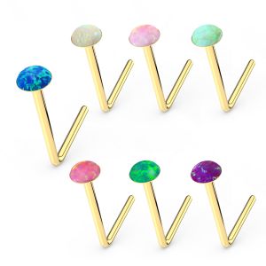 Macro view of a synthetic opal stone showing multi-dimensional color play on a 9K gold nose stud.