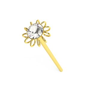 9K Yellow Gold Straight Nose Stud with a detailed sunburst coil flower design and center-set clear CZ