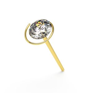 9K Yellow Gold Straight Nose Stud with a unique spiral coil design and bezel-set round clear CZ