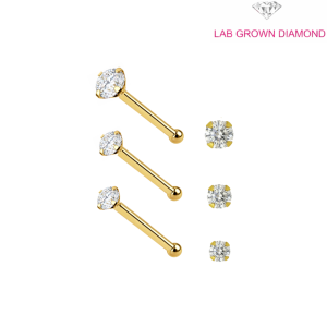 9K Solid Yellow Gold Radiant Lab Grown Diamond Claw-Set Ball end Nose Pin (22G)