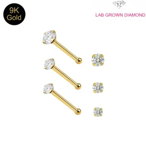 9K Solid Yellow Gold Radiant Lab Grown Diamond Claw-Set Ball end Nose Pin (22G)