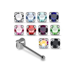 B2B color range of 2mm round claw-set cubic zirconia nose studs in 925 sterling silver display boxes.