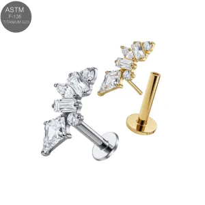 ASTM F-136 titanium ascending CZ cluster complete threadless flat back labret shown in plain titanium and Gold PVD variants for 18G and 16G cartilage jewelry.