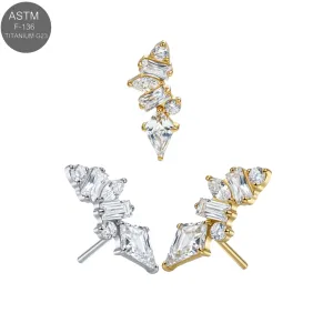 ASTM F-136 titanium ascending CZ cluster threadless push-fit top shown in plain titanium and Gold PVD variants for universal 18G and 16G labret bases.