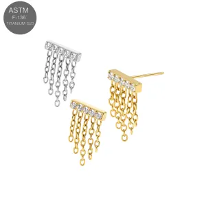 ASTM F-136 implant grade titanium cz bar threadless tops featuring fluid cascading multi chain tassel dangles in high-polish titanium and gold PVD variations.