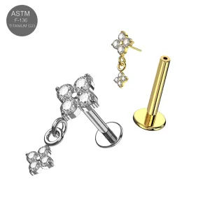 Main view of plain titanium complete set and Gold PVD threadless labret assembly showing blossom top and post separately (ETP211)