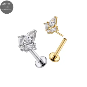 ASTM F-136 titanium crown CZ cluster complete threadless flat back labret shown in plain titanium and Gold PVD variants for 18G and 16G cartilage jewelry.