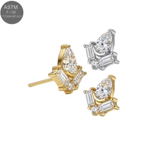 ASTM F-136 titanium crown CZ cluster threadless push-fit top shown in plain titanium and Gold PVD variants for universal 18G and 16G labret bases.