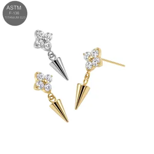ASTM F-136 Titanium threadless top featuring a 4-petal crystal flower and cone spike dangle in silver and gold.