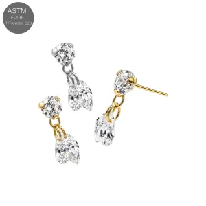 ASTM F-136 Titanium Duo Drop CZ Dangle Threadless Top in plain titanium and gold PVD finishes.