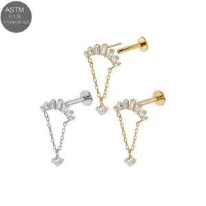ASTM F-136 titanium fan arc with double chain drop complete threadless flat back labret shown in plain titanium and Gold PVD variants for 18G and 16G cartilage jewelry.