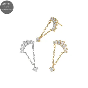 ASTM F-136 titanium fan arc with double chain drop threadless top shown in plain titanium and Gold PVD variants for universal 18G and 16G labret bases.