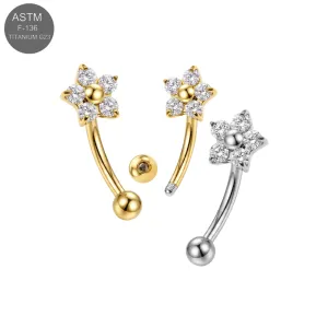 ASTM F-136 Titanium Five-Petal CZ Flower External Thread Curved Barbell | 16G