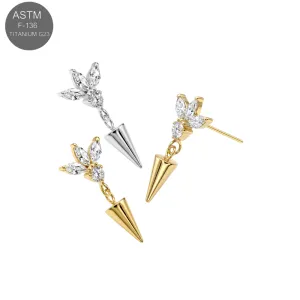 ASTM F-136 Titanium threadless flower cluster tops with center cone spikes in silver and gold PVD.
