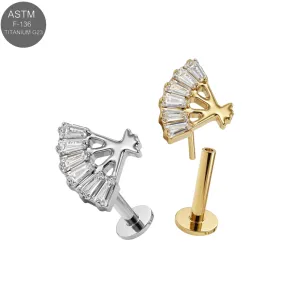 ASTM F-136 titanium ginkgo fan CZ cluster complete threadless flat back labret shown in plain titanium and Gold PVD variants for 18G and 16G cartilage jewelry.