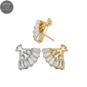 ASTM F-136 titanium ginkgo fan CZ cluster threadless push-fit top shown in plain titanium and Gold PVD variants for universal 18G and 16G labret bases.