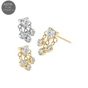 ASTM F-136 Titanium threadless top with CZ heart and triple chain dangles in silver and gold