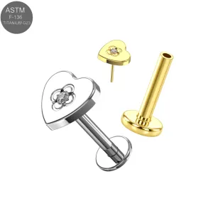 ASTM F-136 Titanium Jeweled Heart Threadless Labret in Plain and Gold PVD showing assembled and separate threadless pin views (ETP244).