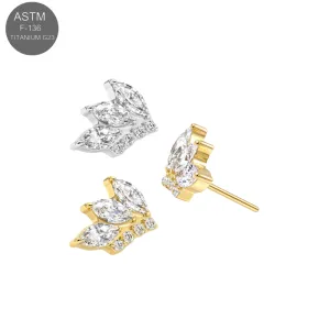 ASTM F-136 Titanium threadless marquise CZ butterfly cluster tops in plain silver and gold PVD finishes