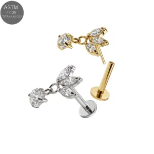 ASTM F-136 titanium marquise leaf cluster with round CZ drop complete threadless labret shown in plain titanium and Gold PVD variants with compatible flat back posts.