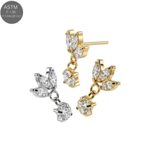 ASTM F-136 titanium marquise leaf cluster threadless top with suspended round clear CZ drop, shown in plain titanium and Gold PVD variants for universal 18G and 16G push-fit labret bases.