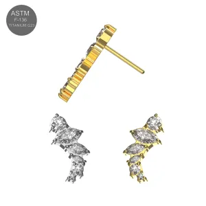 Main view of plain titanium and gold PVD marquise and round CZ cluster threadless tops with side view of pin (TST144).