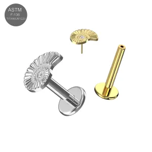 ASTM F-136 Titanium High-Polish and Gold PVD Nautilus CZ Threadless Labret Complete Set showing decorative top and post assembly (ETP220).
