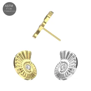 ASTM F-136 Titanium High-Polish and Gold PVD Nautilus Shell Threadless Top Set with Side Profile View (TST154)