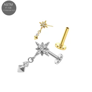 ASTM F-136 Titanium North Star CZ with Pyramid CZ Dangle Threadless Labret (18G/16G)
