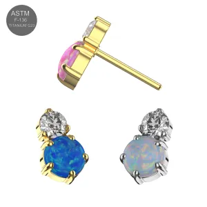 ASTM F-136 Titanium High-Polish and Gold PVD Peanut Duo Threadless Top Set with CZ, Opal, and Side Profile View (TST104