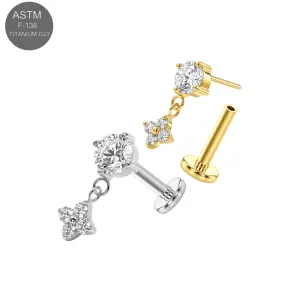 ASTM F-136 Titanium Round CZ with Flower Dangle Threadless Labret (18G/16G)