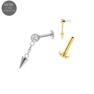 ASTM F-136 titanium round CZ top with chain spike dangle complete threadless flat back labret shown in plain titanium and Gold PVD variants for 18G and 16G piercing sizes.