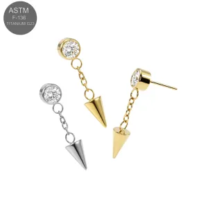 ASTM F-136 titanium round CZ top with chain spike dangle threadless push-fit top shown in plain titanium and Gold PVD variants for universal 18G and 16G labret bases.