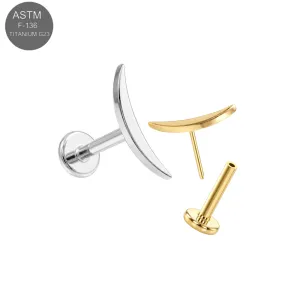 ASTM F-136 implant grade titanium threadless labret ear studs featuring an 11mm solid polished crescent moon top design in plain silver and gold PVD variations. 