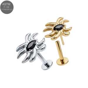 ASTM F-136 titanium spider black CZ complete threadless flat back labret shown in plain titanium and Gold PVD variants for 18G and 16G cartilage jewelry.