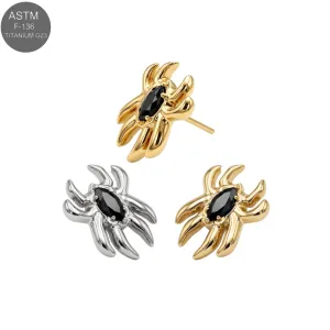 ASTM F-136 titanium spider black CZ threadless top shown in plain titanium and Gold PVD variants for universal 18G and 16G labret bases.
