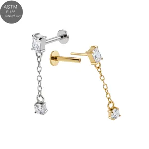 ASTM F-136 titanium square top with chain drop complete threadless flat back labret shown in plain titanium and Gold PVD variants for 18G and 16G cartilage jewelry.