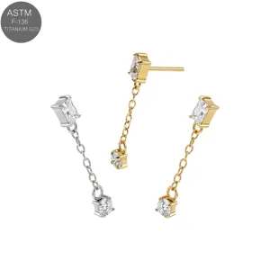 ASTM F-136 titanium square top with chain drop threadless top shown in plain titanium and Gold PVD variants for universal 18G and 16G labret bases.