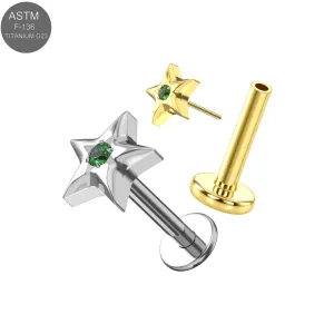 ASTM F-136 Titanium Star Green CZ Threadless Labret in Plain and Gold PVD showing assembled set and separate threadless pin (ETP226).