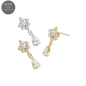 ASTM F-136 Titanium threadless marquise and round CZ flower cluster top in plain silver and gold PVD.