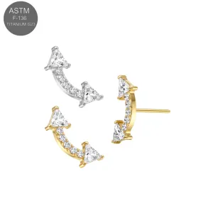 ASTM F-136 Titanium threadless triangle and round CZ arc cluster top in silver and gold PVD.