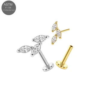 ASTM F-136 implant grade titanium threadless flat back labret piercing jewelry featuring a climbing triple marquise clear CZ crystal curved leaf branch header top, in plain titanium and Gold PVD variants.