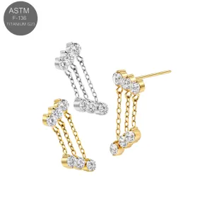 ASTM F-136 implant grade titanium threadless decorative cluster top showcasing three round 3mm clear cz stones with a dramatic cascading triple link chain drop dangle setup in high-polish titanium and gold PVD variations.