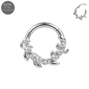 ASTM F-136 Implant Grade Titanium G23 Floral Vine CZ Hinged Clicker | 16G