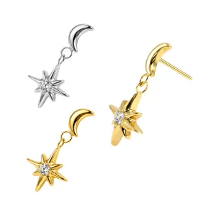 ASTM F-136 Titanium threadless top featuring crescent moon and North Star CZ dangle in plain titanium and gold PVD.
