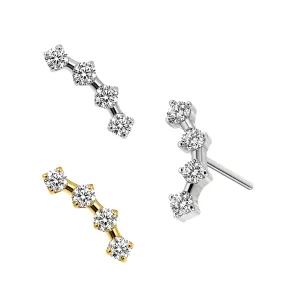 ASTM F-136 Titanium curved 4-jewel cluster threadless push-in top in silver and gold PVD finishes.