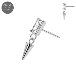 Wholesale ASTM F-136 implant grade titanium CZ crystal spike drop threadless top in polished plain titanium with baguette CZ stone and dangling spike for 18G and 16G posts.