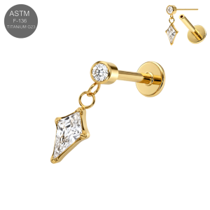 Wholesale ASTM F-136 implant grade titanium round CZ with kite drop threadless labret in 18G and 16G with gold finish, clear CZ stones and flatback post.