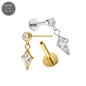 Wholesale ASTM F-136 implant grade titanium round CZ with kite drop threadless labrets in 18G and 16G shown in gold and plain titanium color variations.