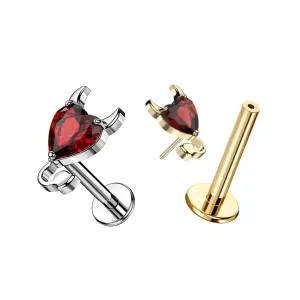 ASTM F-136 titanium devil heart threadless labret in plain and gold PVD with matching labret posts.